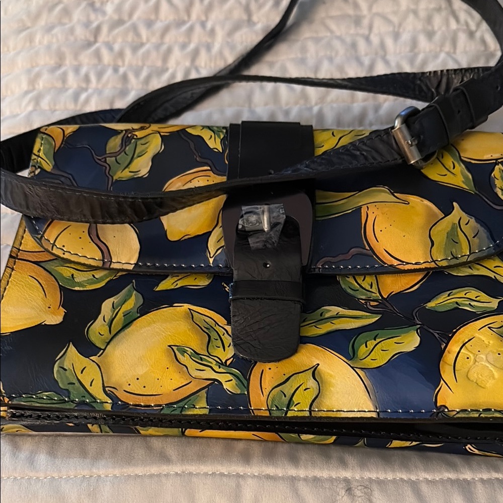 Patricia Nash Vibrant Blue and Yellow Crossbody Bag with Citrus Print